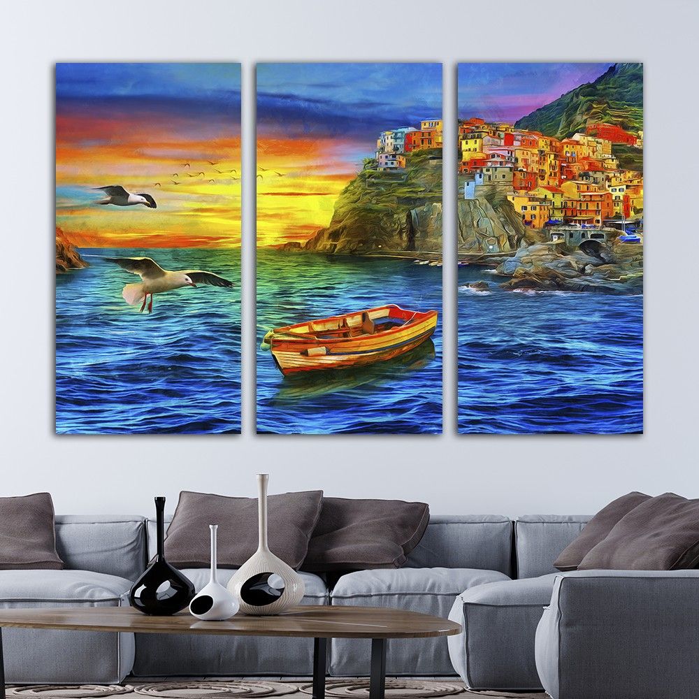 Boat Art Painting, Birds Canvas Print, Sunset Canvas Art, Gull Canvas Art,  Landscape Canvas Print, Home Wall Decoration, 3 Piece Set With Most Recently Released Sunset Landscape Wall Art (View 7 of 20)
