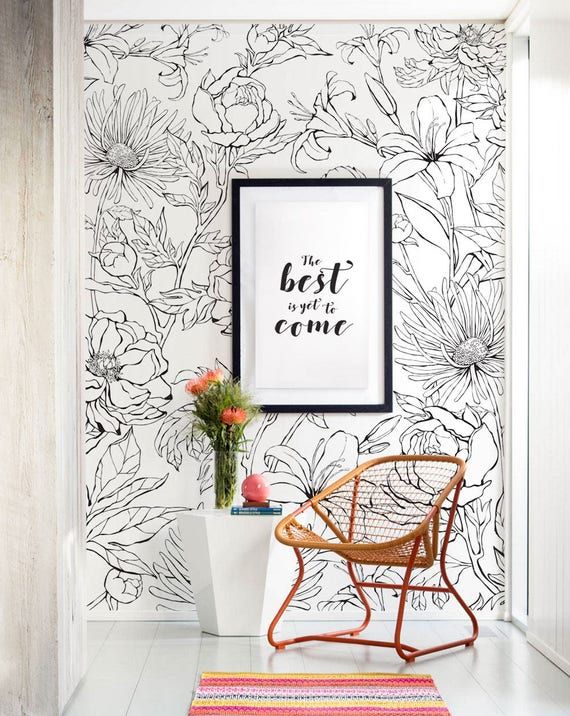 Botanical Garden Hand Drawn Flowers Accent Mural Wallpaper – Etsy Inside Most Recent Hand Drawn Wall Art (View 5 of 20)