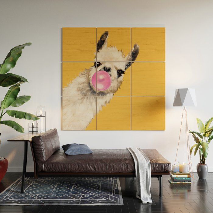Bubble Gum Sneaky Llama In Yellow Wood Wall Artbig Nose Work | Society6 For 2018 Bubble Gum Wood Wall Art (View 1 of 20)