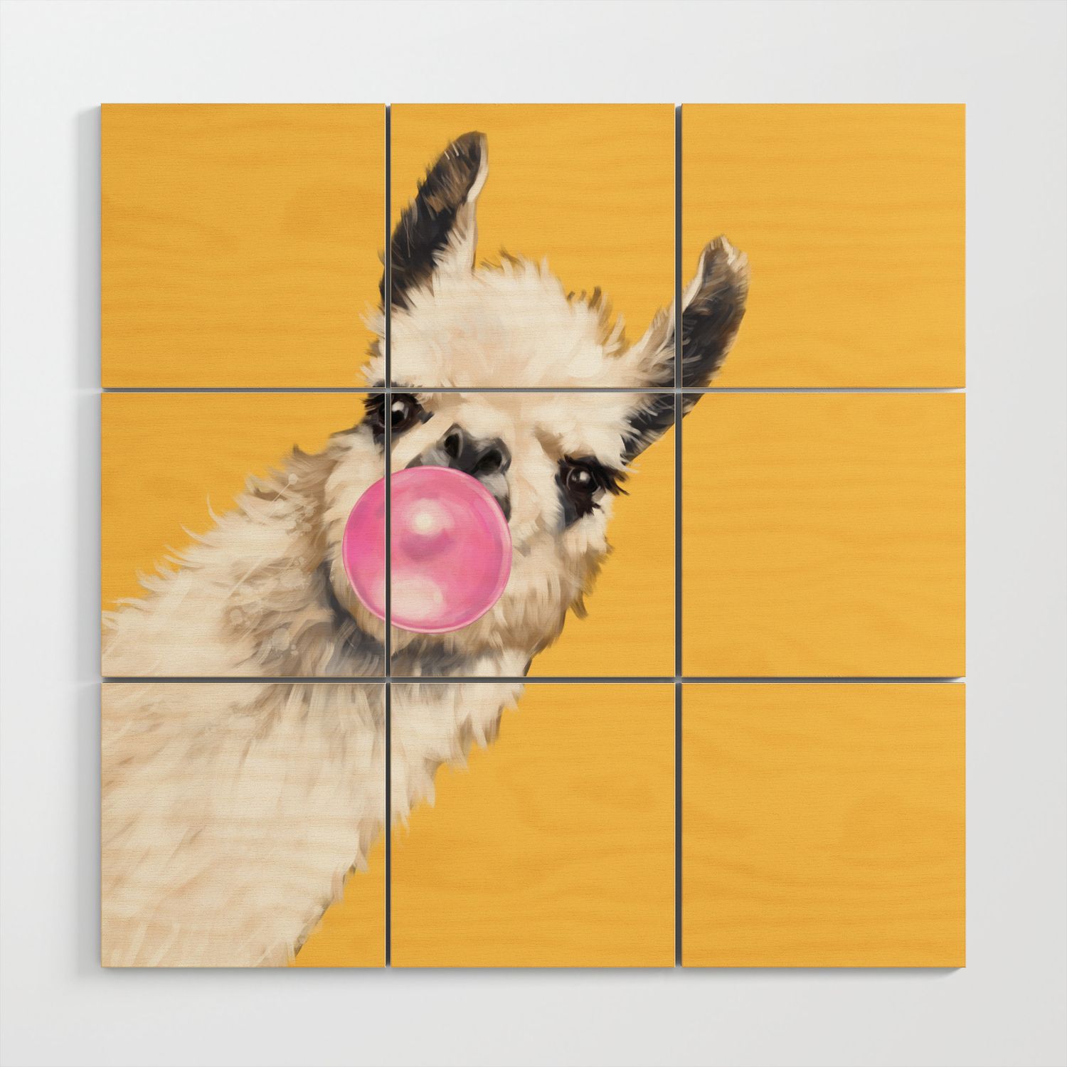 Bubble Gum Sneaky Llama In Yellow Wood Wall Artbig Nose Work | Society6 Within Most Current Bubble Gum Wood Wall Art (View 3 of 20)