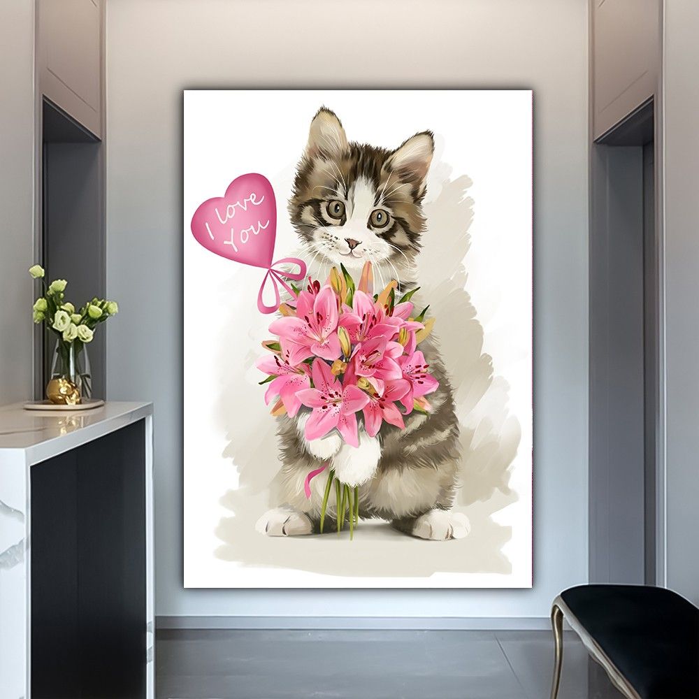 Cat And Flowers, Cute Cat Canvas, Cat Wall Art, Cat Canvas, Cat Poster, Cat  Painting, Cat Wall Decor, Animal Wall Art, Animal Canvas Regarding Most Current Cats Wall Art (View 6 of 20)