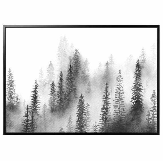 Christmas Gift Foggy Pine Trees Painting Black And White – Etsy |  Monochrome Painting, Pine Tree Painting, Black And White Painting Throughout Most Recent Pine Forest Wall Art (View 19 of 20)