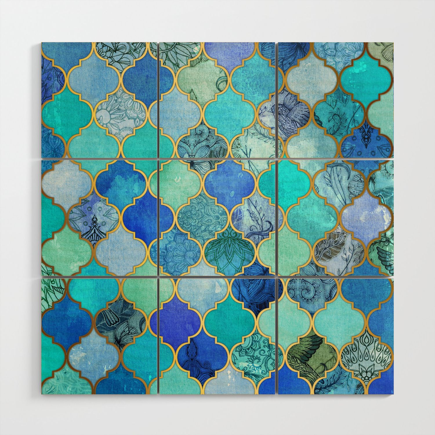Cobalt Blue, Aqua & Gold Decorative Moroccan Tile Pattern Wood Wall Art Micklyn | Society6 Inside Current Gold And Teal Wood Wall Art (View 8 of 20)