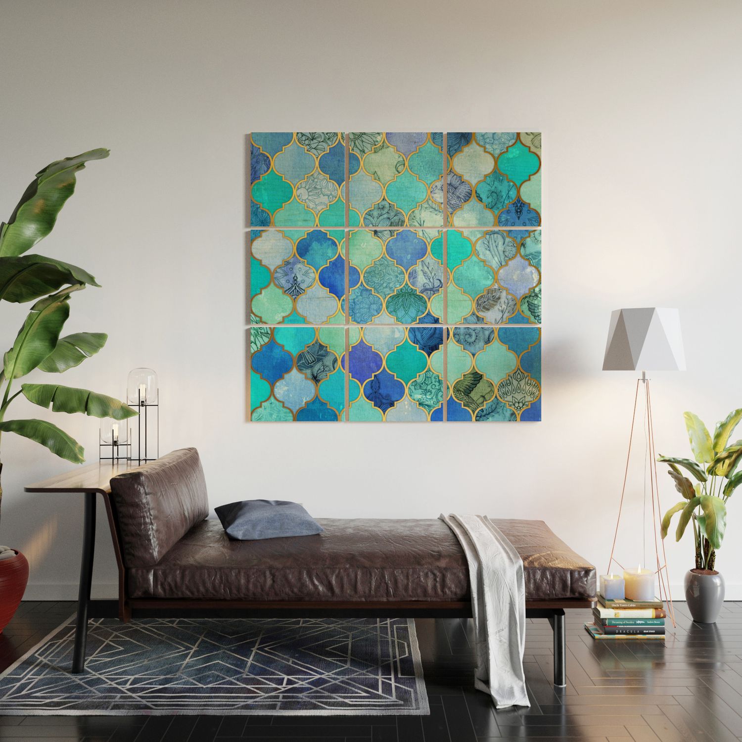 Cobalt Blue, Aqua & Gold Decorative Moroccan Tile Pattern Wood Wall Art Micklyn | Society6 Intended For Latest Gold And Teal Wood Wall Art (View 18 of 20)