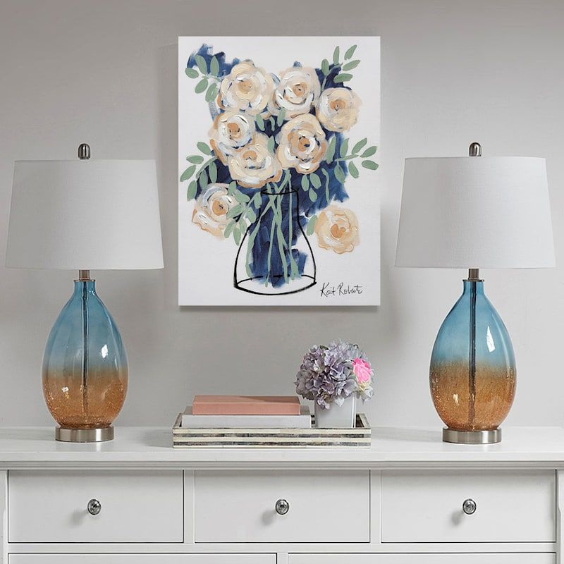 Cream/blue Floral Canvas Wall Art, 12x16 | At Home Within Most Popular Cream Wall Art (View 18 of 20)