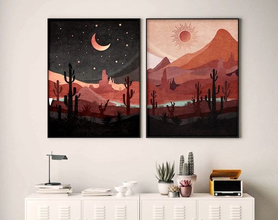 Day And Night Western Desert Landscape Print. Cactus Wall Art (View 1 of 20)