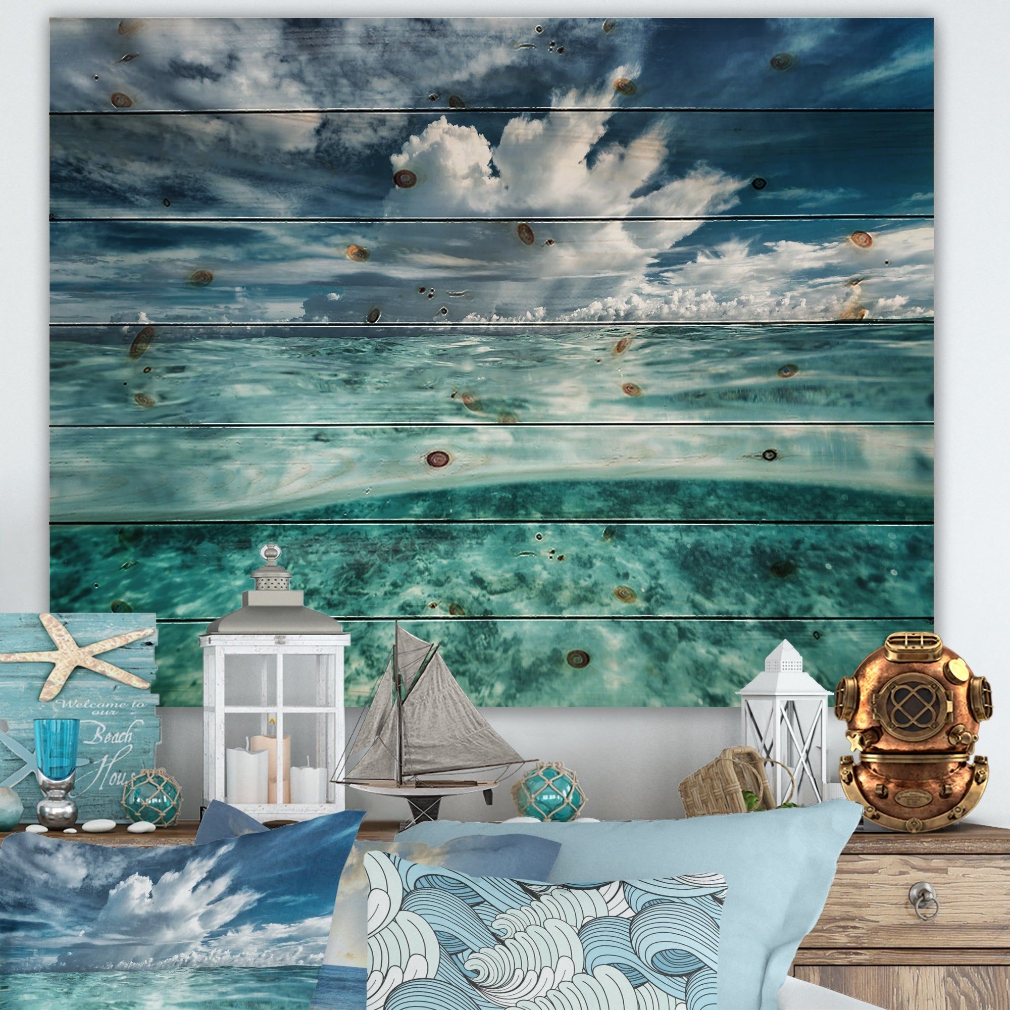 Designart 'amazing Underwater Seascape And Clouds' Nautical &  Coastal Print On Natural Pine Wood – Overstock – 32610481 Inside Newest Underwater Wood Wall Art (View 6 of 20)