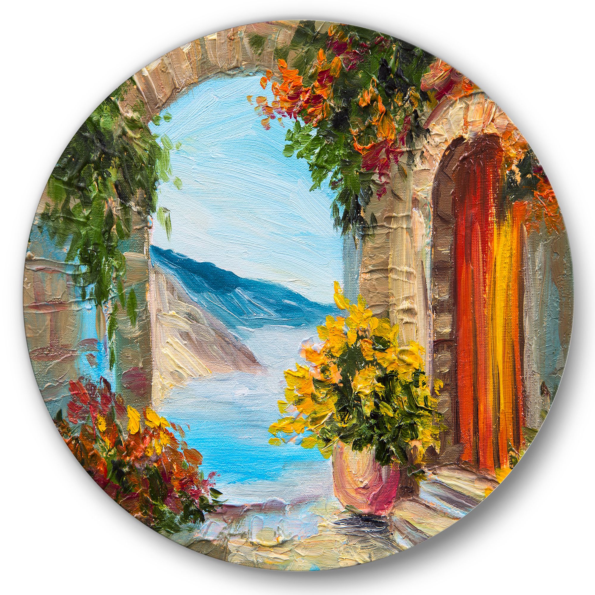 Designart 'house With Colorful Flowers Near The Sea Summer Season' Nautical  & Coastal Circle Metal Wall Art 29x29 – Disc Of 29 – Walmart Inside Most Recently Released Summer Vista Wall Art (View 8 of 20)