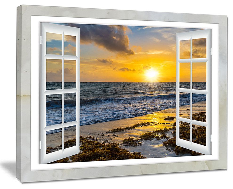 Designart – Open Window To Bright Yellow Sunset – Modern Seascape Canvas  Artwork – Beach Style – Prints And Posters  Designart Inc | Houzz Within Recent The Open Window Wall Art (View 14 of 20)