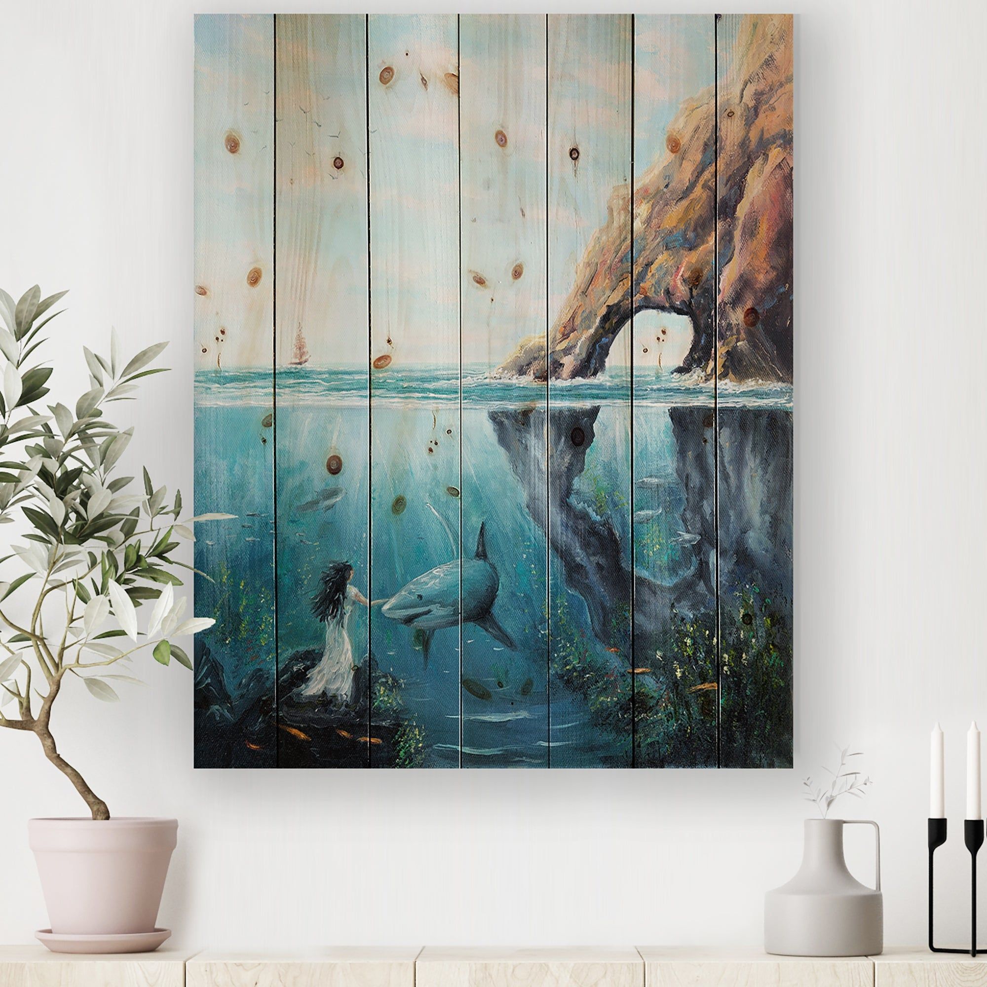 Designart 'underwater Fairy And Shark Ocean And Mountain World'  Nautical & Coastal Print On Natural Pine Wood – Overstock – 32610234 Intended For Newest Underwater Wood Wall Art (View 4 of 20)