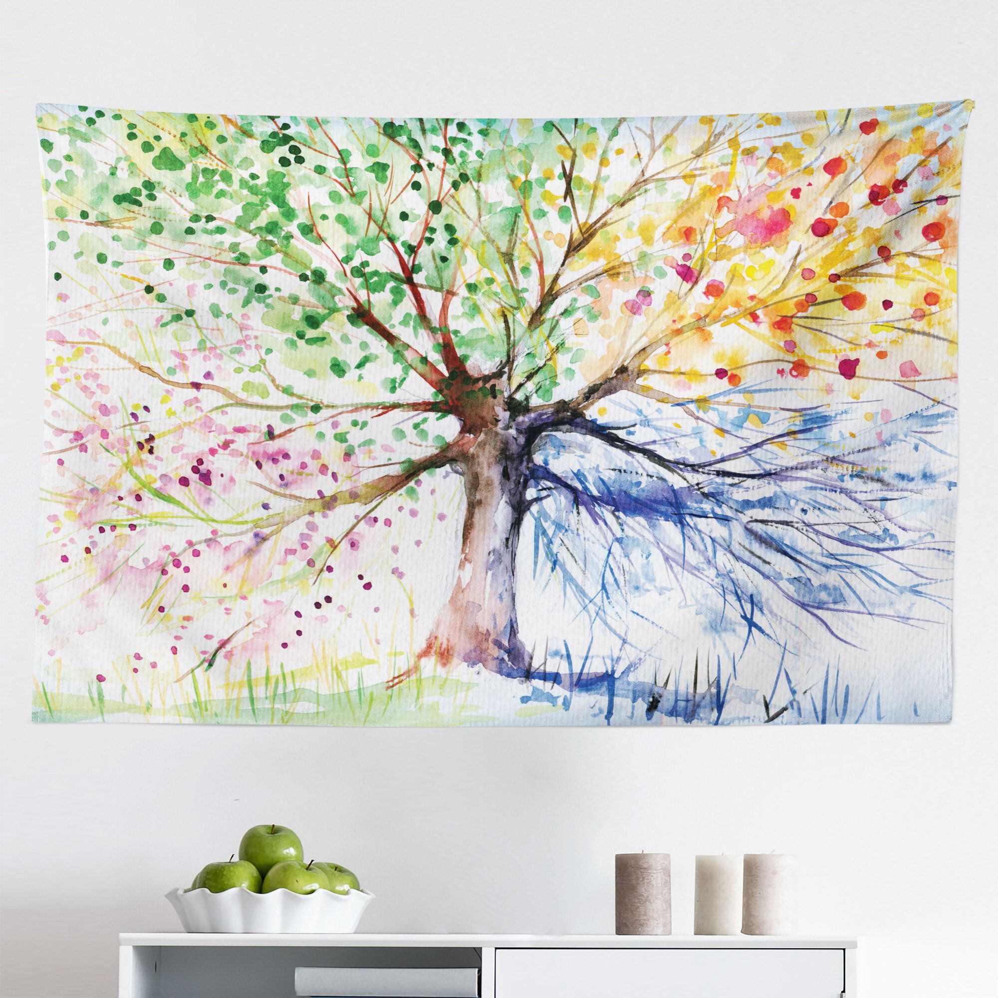 East Urban Home Tree Tapestry, Watercolor Nature Colorful Blooming Branches  4 Seasons Themed Illustration Print, Fabric Wall Hanging Decor For Bedroom  Living Room Dorm, 45" X 30", Multicolor | Wayfair Pertaining To Most Up To Date Colorful Branching Wall Art (View 12 of 20)