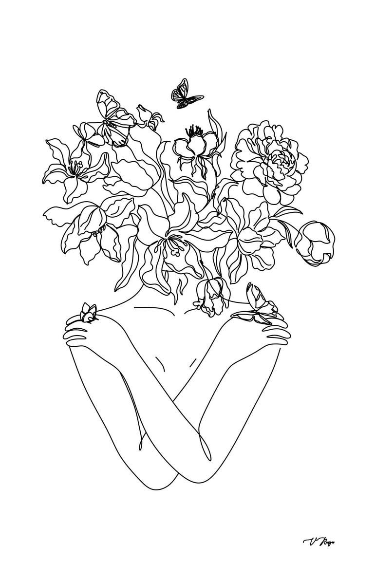 Flower Head Art Print | Minimal Line Art | Floral Illustration | Single  Line Sketch | Female Body Poster | Naked Woman Wall Art | Peony Art Mixed  Mediavictoria Rusyn | Saatchi Art With Regard To Newest Floral Illustration Wall Art (View 8 of 20)