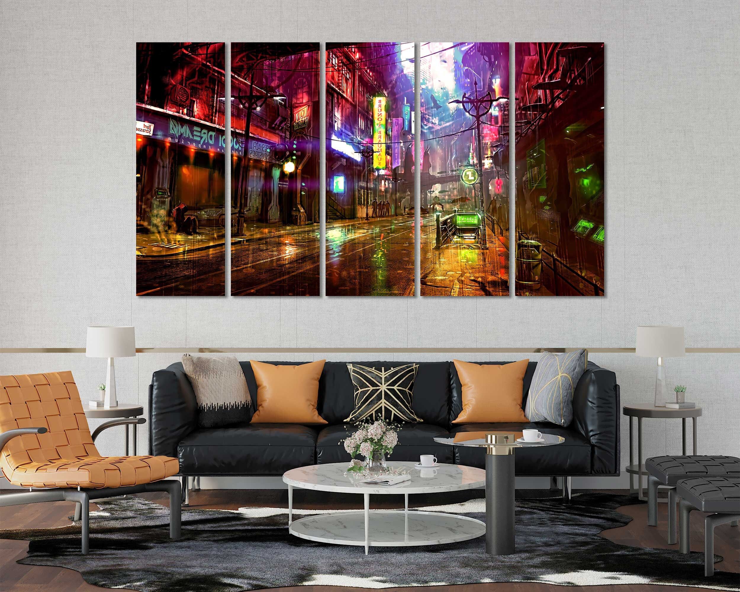 Future World Night Colorful City Wall Painting Art Futuristic – Etsy In Best And Newest Town Wall Art (View 9 of 20)
