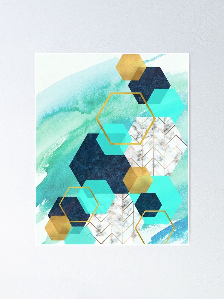 Geometric Pattern Hexagon Abstract Art In Navy Gold Teal " Poster For Sale Bitzartcorner | Redbubble Throughout 2017 Teal Hexagons Wall Art (View 7 of 20)