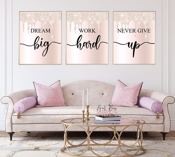 Glitter Pink Work Hard Dream Big Never Give Up 3 Pc Set – Etsy Pertaining To Most Recent Glitter Pink Wall Art (View 7 of 20)