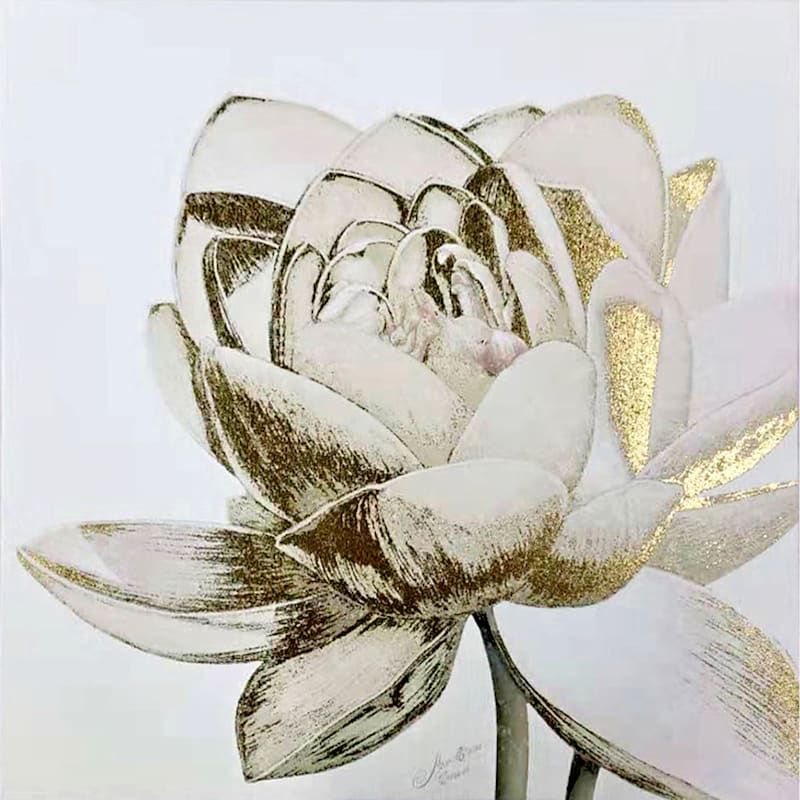 Gold Foiled Cream Lotus Floral Canvas Wall Art, 16" | At Home In Latest Cream Wall Art (View 15 of 20)