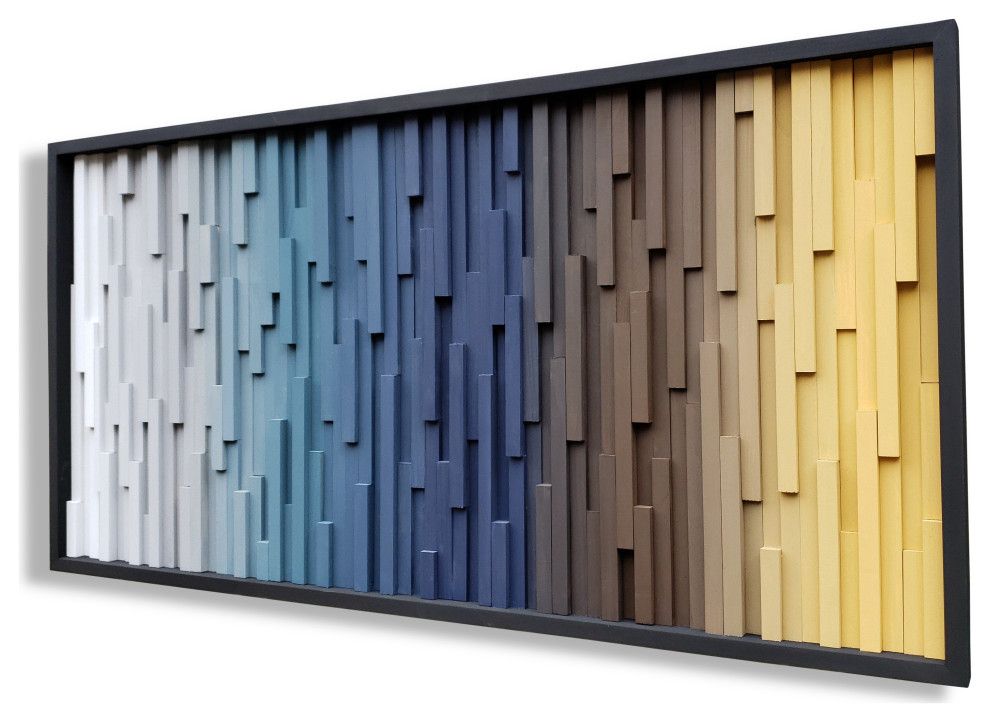 Gradient Wood Wall Decor In Blue, Gray, Brown And Golden Yellow –  Contemporary – Wall Accents  Shari Butalla | Houzz Inside 2018 Blue Wood Wall Art (View 13 of 20)