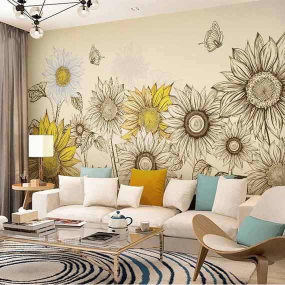 Hand Painted Oil Painting Sunflower Wallpaper Wall Mural – Etsy Intended For Most Recent Hand Drawn Wall Art (View 17 of 20)