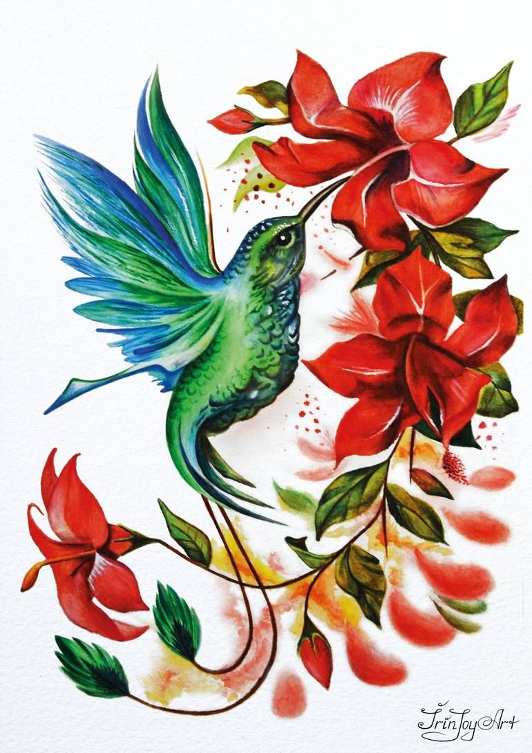 Humming Bird Flowers Garden Watercolor Painting Floral Wall Art Painting Irinjoyart Art | Saatchi Art Throughout 2018 Floral Illustration Wall Art (View 20 of 20)