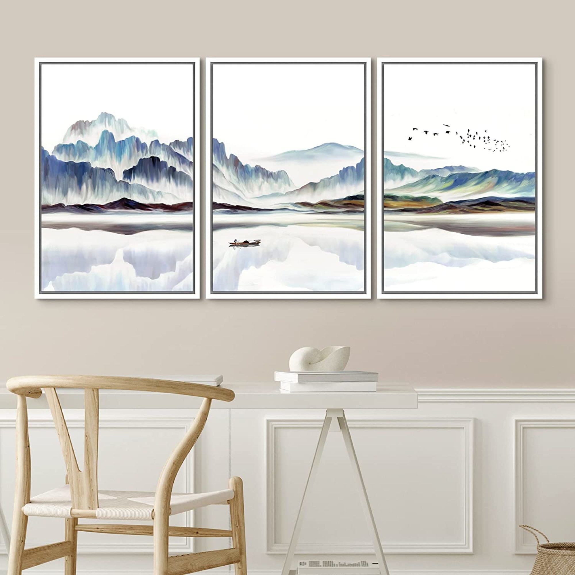 Idea4wall Framed Wall Art Print Set Watercolor Mountain Lake Landscape With  Boat Nature Wilderness Illustrations Modern Art Rustic Colorful Pastel For  Living Room, Bedroom, Office – 3 Piece Floater Frame Print On Inside 2018 Mountain Lake Wall Art (View 9 of 20)