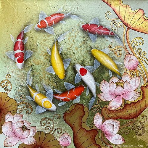 Koi Fish Paintings Best Asian Artwork For Sale Online L Royal Thai Art For Newest Koi Wall Art (View 10 of 20)