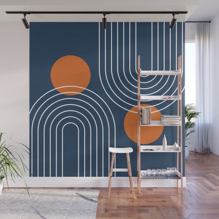 Mid Century Modern Geometric 83 In Navy Blue And Orange (rainbow And Sun  Abstraction) Wall Muralnineflorals | Society6 Throughout Newest Sun Abstraction Wall Art (View 10 of 20)