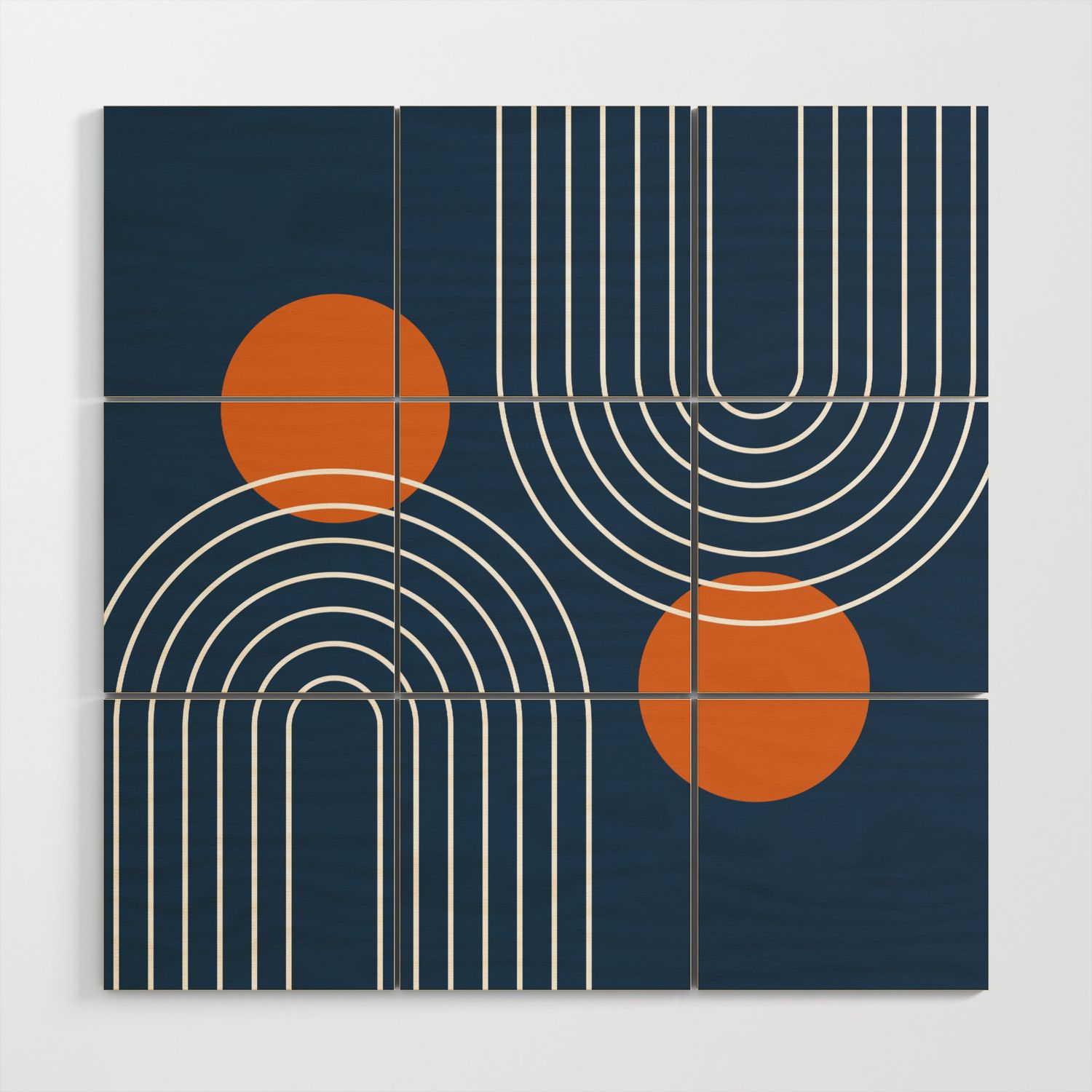 Mid Century Modern Geometric 83 In Navy Blue And Orange (rainbow And Sun  Abstraction) Wood Wall Artnineflorals | Society6 In Most Up To Date Sun Abstraction Wall Art (View 4 of 20)