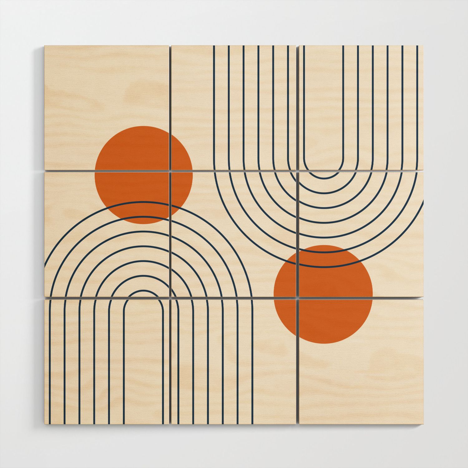 Mid Century Modern Geometric 88 In Navy Blue And Orange (rainbow And Sun  Abstraction) Wood Wall Artnineflorals | Society6 With Regard To Most Current Sun Abstraction Wall Art (View 17 of 20)