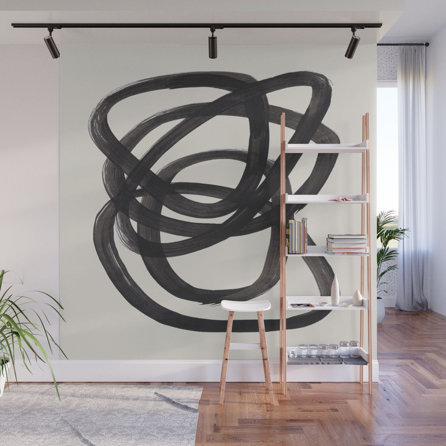 Mid Century Modern Minimalist Abstract Art Brush Strokes Black & White Ink Art  Spiral Circles Wall Muralenshape | Society6 Within Most Popular Spiral Circles Wall Art (View 9 of 20)