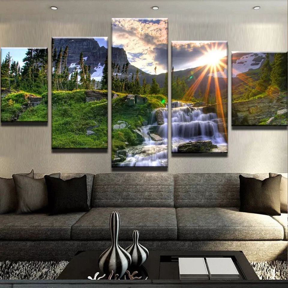 Modular Painting Canvas Wall Art 5 Piece Sunrise Forest Waterfall Landscape  Picture Decor For Living Room Hd Print Poster Frame – Buy Landscape Wall Art ,canvas Wall Art,5 Piece Canvas Wall Art Product Within 2017 Sunrise Wall Art (View 15 of 20)
