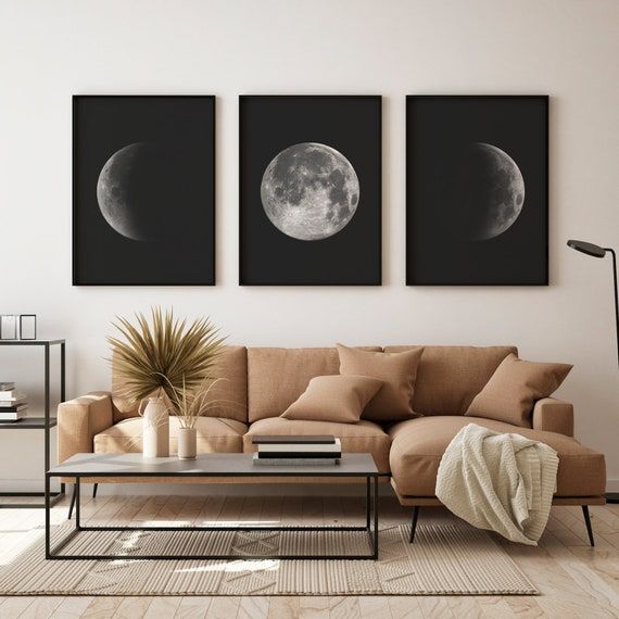 Moon Wall Decor Set Of 3 Printable Moon Moon Phases Wall – Etsy Italia Within 2017 The Moon Wall Art (View 1 of 20)