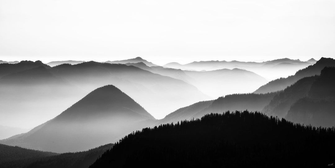 Mountain Layers Pano Mono Mountains Fog Foggy Wall Art – Etsy For Current Mountains In The Fog Wall Art (View 10 of 20)