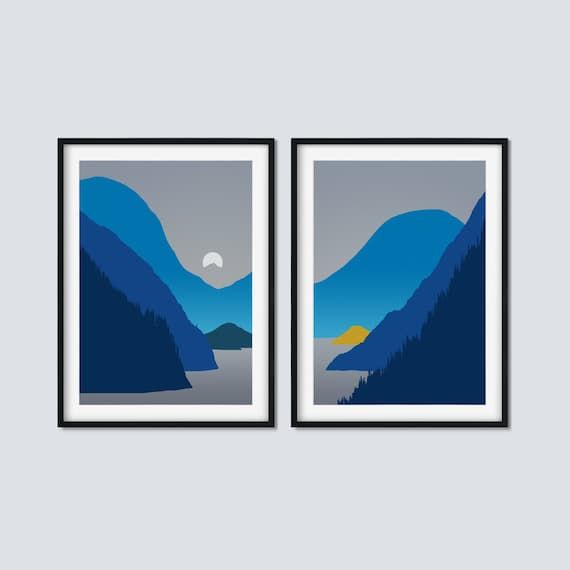 Mountain Print Set 2 Piece Wall Art Framed Moon Art Prints – Etsy Italia Throughout 2018 Mountains And Hills Wall Art (View 3 of 20)