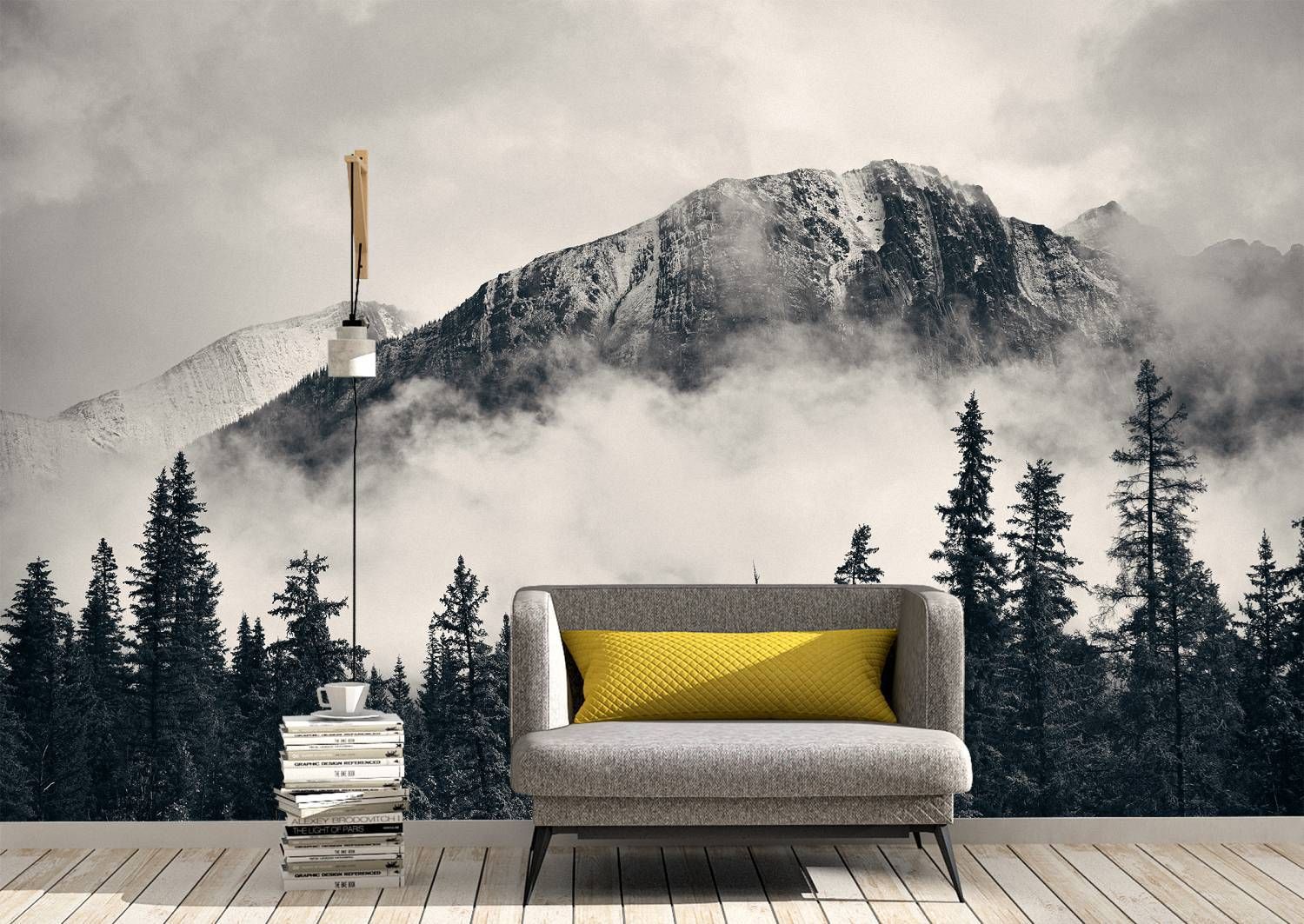 Mountains And Forest In Fog Wall Mural Wallpaper  Blue Side Studio Pertaining To Most Up To Date Mountains In The Fog Wall Art (View 9 of 20)