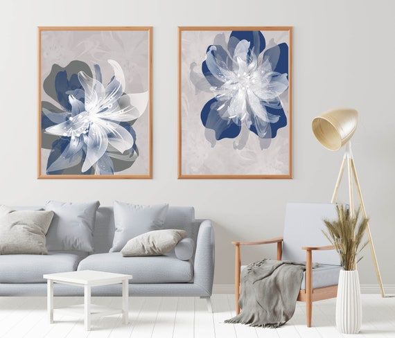 Navy Blue Gray Flower Wall Art Prints Large Poster Print – Etsy With Regard To Newest Poster Print Wall Art (View 3 of 20)