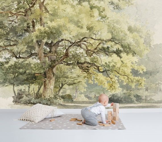 Near The Big Tree Wall Mural Vintage Wallpaper Hand Painted – Etsy Inside Most Up To Date Hand Drawn Wall Art (View 14 of 20)