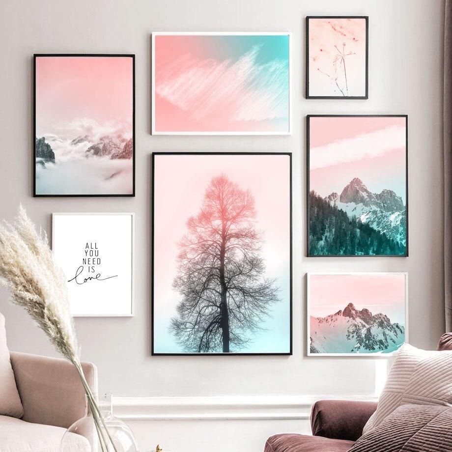 Nordic Style Pink Sky Fog Snow Mountain Tree Wall Art Canvas Painting  Posters And Prints Landscape Wall Pictures For Living Room Decor Acheter À  Prix Bas — Livraison Gratuite, Avis Réels Avec Pertaining To Recent Pink Sky Wall Art (View 5 of 20)