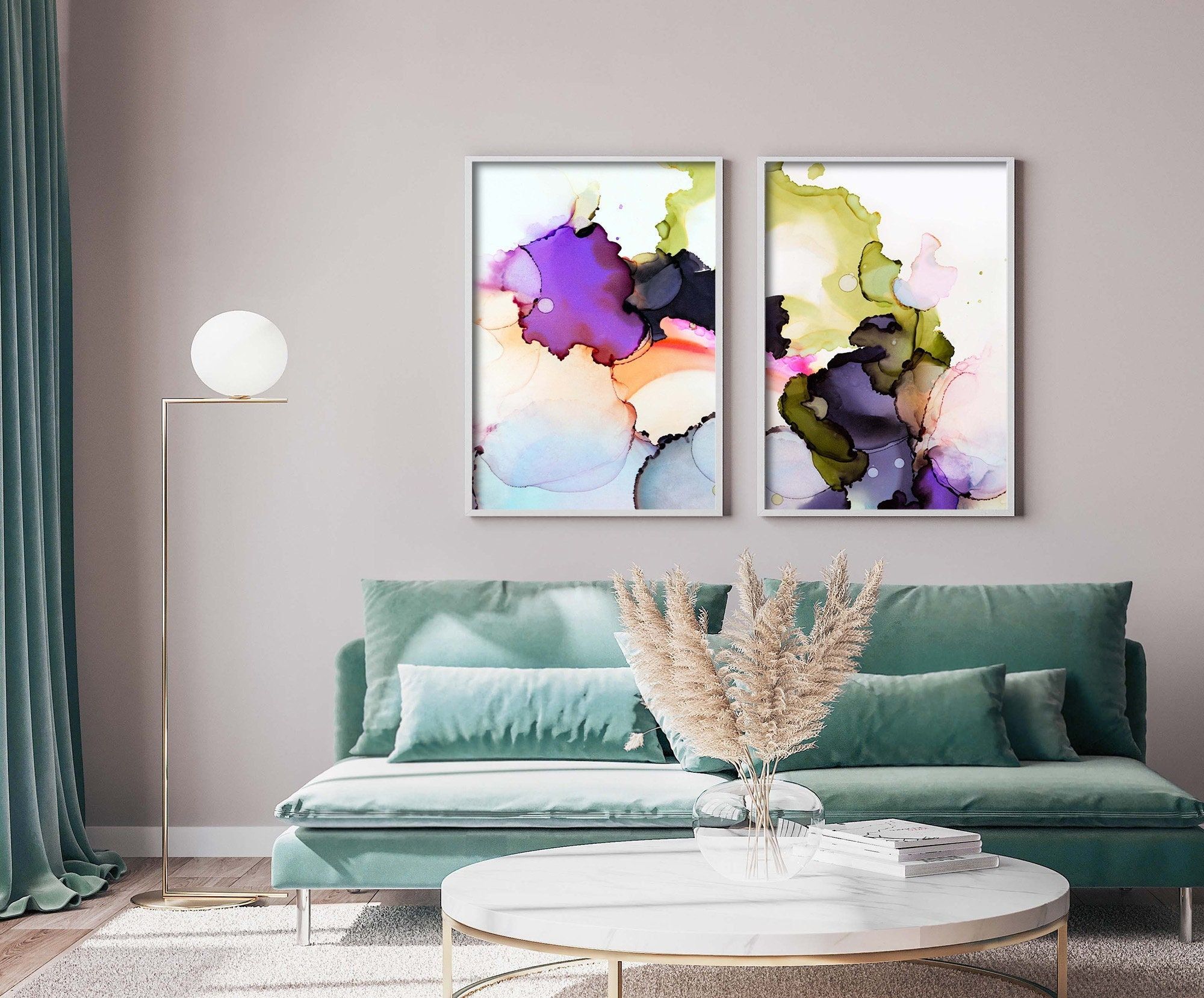 Olive Green & Violet Abstract Fine Art Print Set, Purple Home Decor,  Eclectic Interior Design, Wall Art Uk With Most Up To Date Olive Green Wall Art (View 15 of 20)