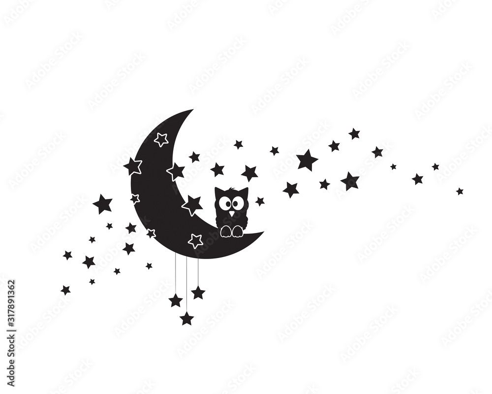 Owl Silhouette On Moon, Vector. Moon With Stars, Illustration. Wall Art  Design, Wall Artwork, Wall Decals Isolated On White Background (View 17 of 20)