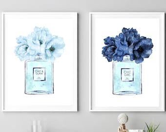 Perfume Print Blue Peonies Art Chic Fashion Poster Chic And – Etsy Regarding Most Up To Date Soft Blue Wall Art (View 5 of 20)