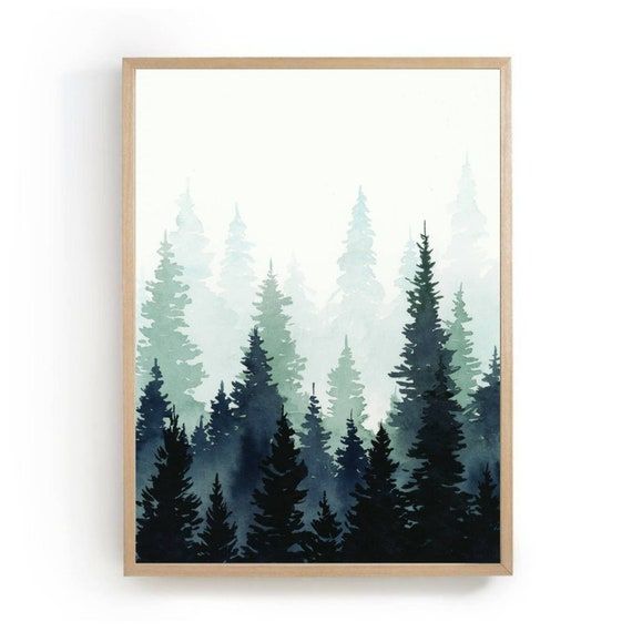 Pine Tree Wall Art Forest Watercolor Indigo Blue Large – Etsy Israel In Most Recently Released Pine Forest Wall Art (View 3 of 20)