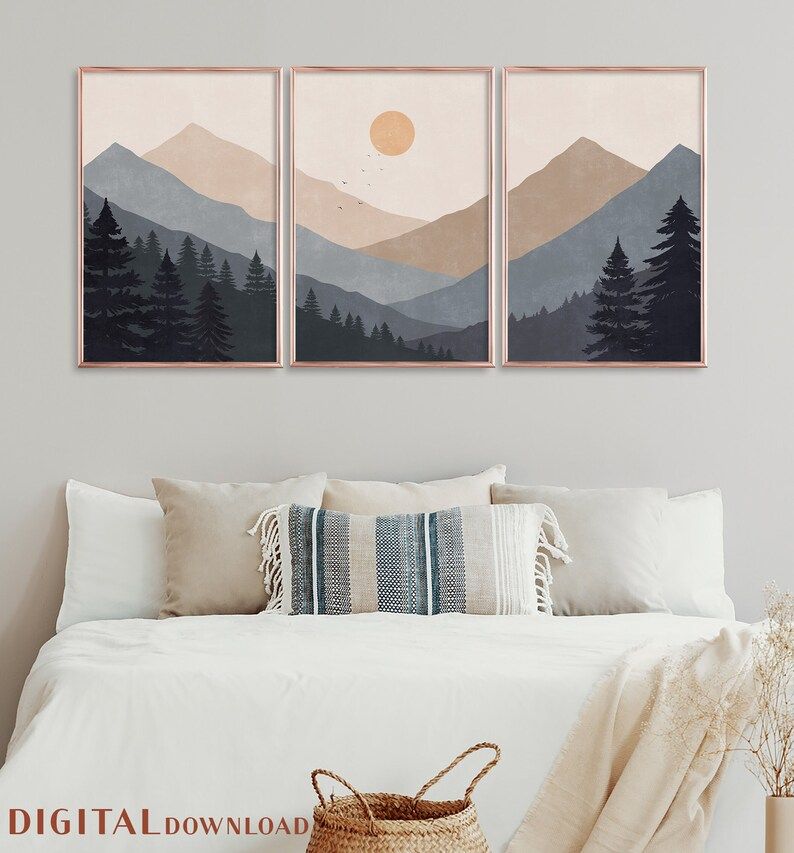 Print Set Of 3 Landscape Print Set Sun And Mountain Wall – Etsy | Mountain  Wall Art, Mountain Wall Painting, Feminine Wall Art Pertaining To Most Up To Date Mountains Wall Art (Gallery 20 of 20)