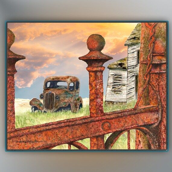 Rusty Fence Old Abandon Car Wall Art Print Rust Orange Yellow – Etsy Throughout Current Vintage Rust Wall Art (View 3 of 20)