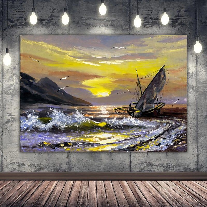 Seascape With Sunset Canvas Print, Sunset Landscape Wall Art, Old Style Wall  Print, Landscape Painting For Home In Newest Sunset Landscape Wall Art (View 4 of 20)