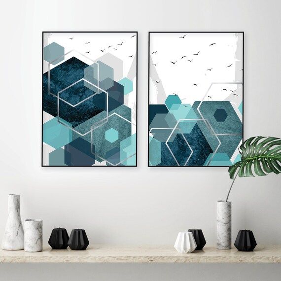 Set Of 2 Printable Abstract Art Prints In Teal Aqua Turquoise – Etsy Throughout Latest Teal Hexagons Wall Art (View 14 of 20)