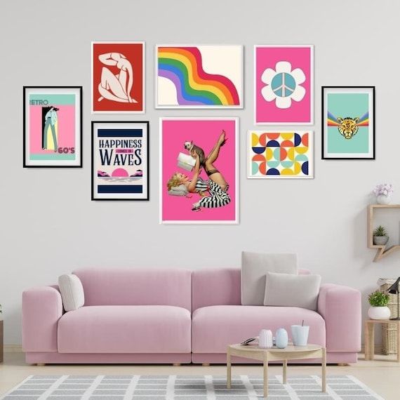 Set Of 8 Colorful Retro Wall Art Prints Eclectic Gallery Wall – Etsy Inside Most Up To Date Retro Wall Art (View 2 of 20)