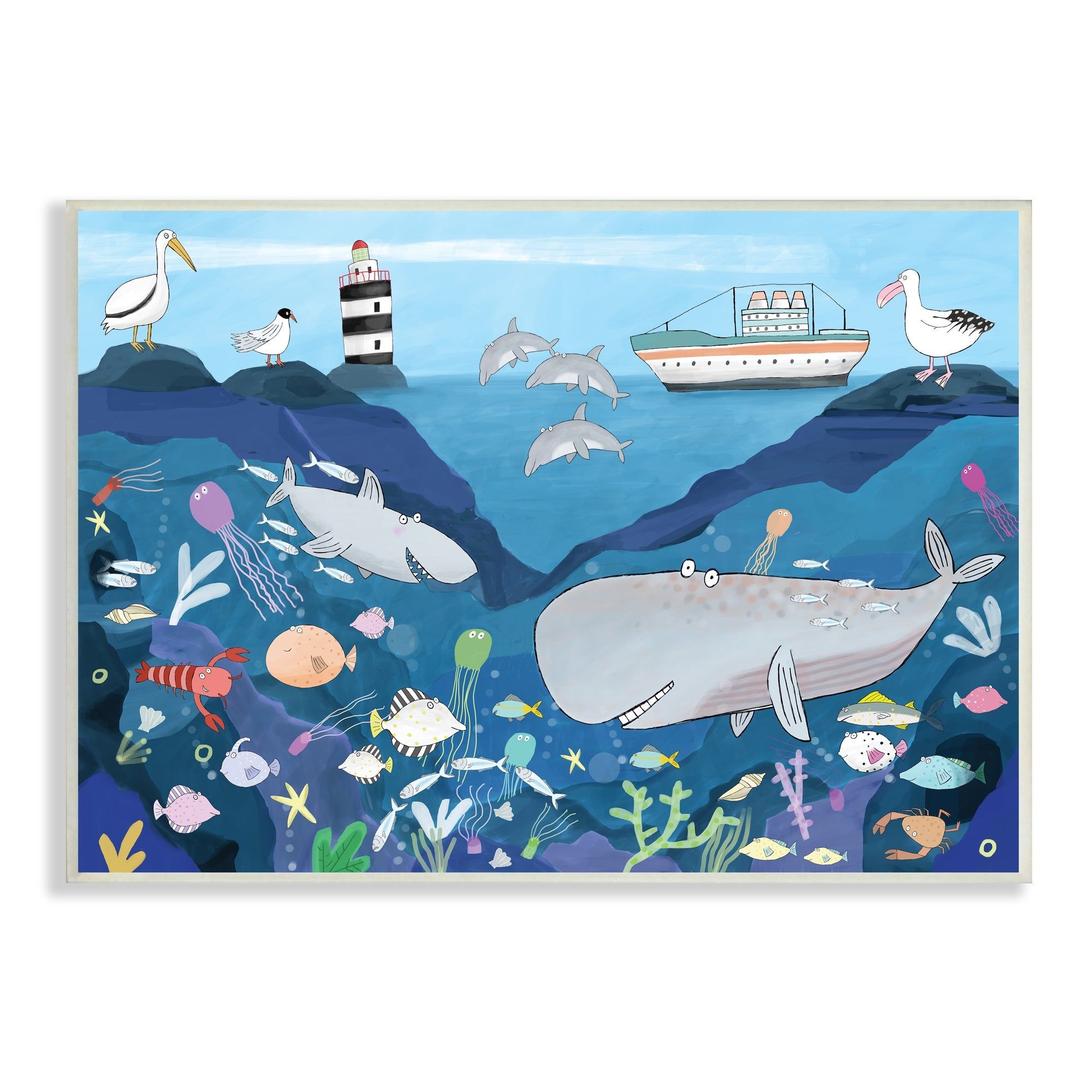 Stupell Industries Underwater Wildlife Kid's Illustration Shark Whale  Boat Wood Wall Art – Blue – On Sale – Overstock – 33853167 Throughout 2017 Underwater Wood Wall Art (Gallery 16 of 20)