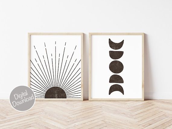 Sun And Moon Print Set Of 2 Minimal Wall Art Boho Home – Etsy France With Current Minimalist Wall Art (View 10 of 20)