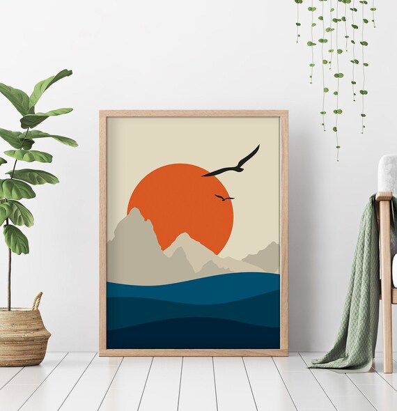 Sunset Ocean Wall Art Sea Prints Orange Sun Geometric – Etsy France Throughout Current Sunset Landscape Wall Art (View 6 of 20)