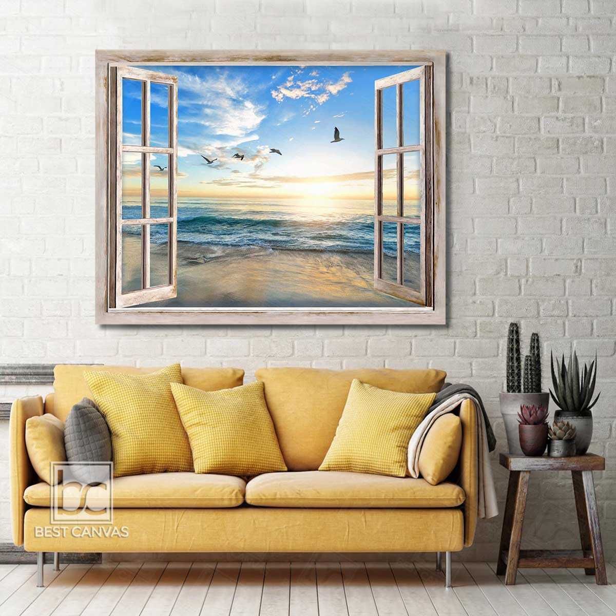 Top 03 Gorgeous Sunrise Beach Canvas Wall Art Beach View Through White  Window Large Sizes Wrapped Or Framed Canvas Best Canvas Wall Art – Best Canvas  Wall Art Throughout Most Recent Sunrise Wall Art (View 11 of 20)